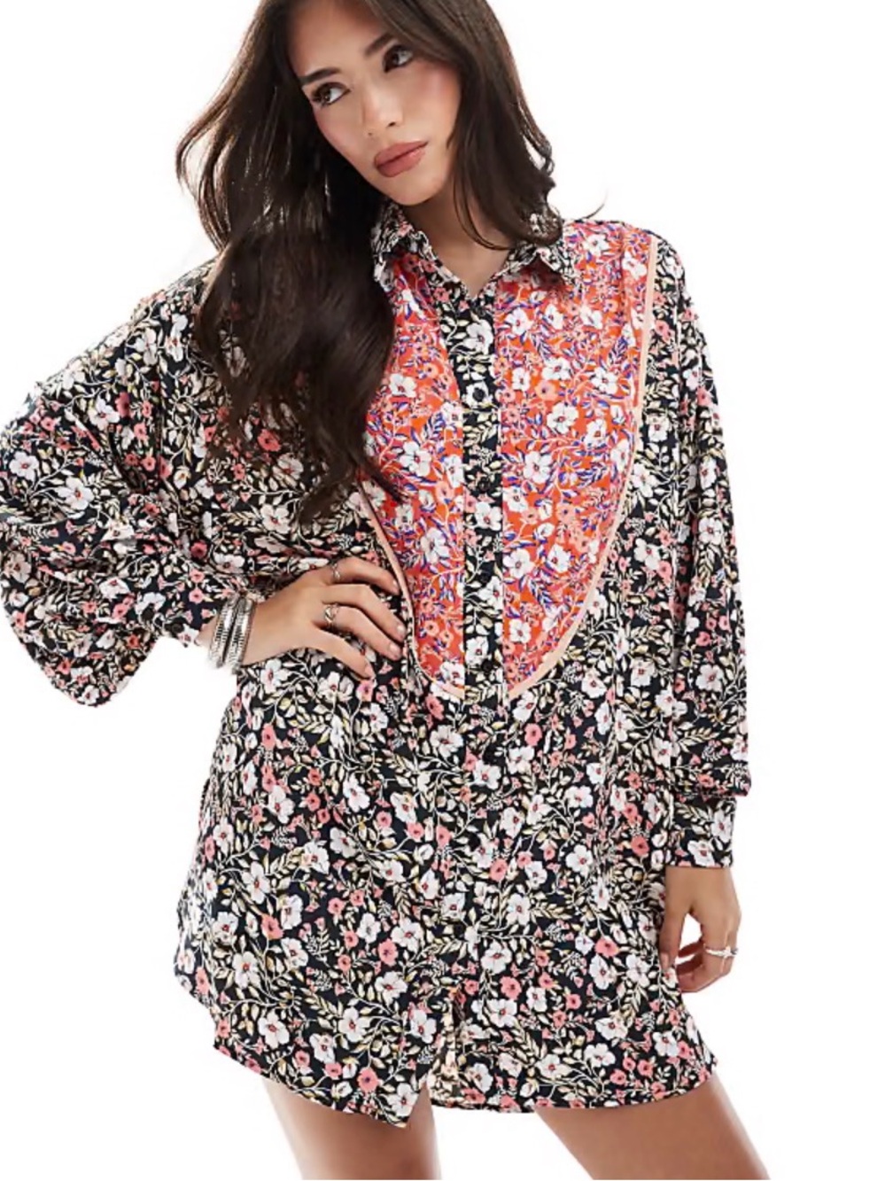 ASOS GLAMOROUS Black Floral Tunic with Coral Bib Panel